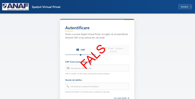 ANAF atenţionează contribuabilii cu privire la apariţia unui site fals care imită identitatea ANAF