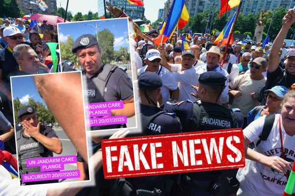 „Jandarmul care plânge la protest”, fake news demontat de Jandarmeria Română. În clip, un manifestant în vârstă aduce lacrimi în ochii unui jandarm cu un discurs răscolitor: „Nenorociții ăștia ne-au dezbinat, ne-au făcut să ne batem frate cu frate”