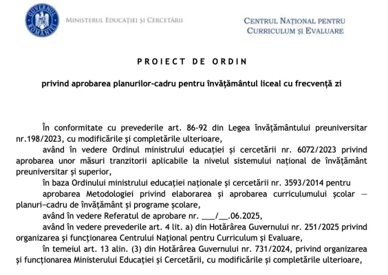 BREAKING Planuri-cadru liceu 2025 – proiectele rezultate în urma dezbaterii au fost publicate de Ministerul Educației și Cercetării