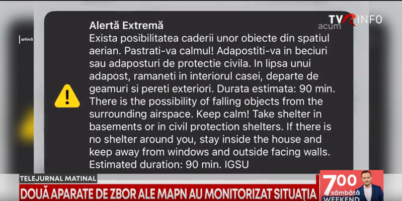Mesaj RO-ALERT după un nou atac cu drone în apropierea frontierei României. Două aeronave MApN au monitorizat situația