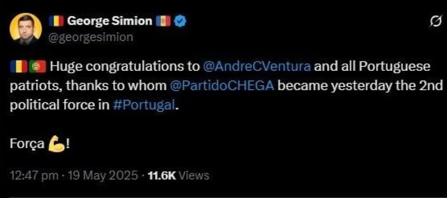 Prima reacție a lui George Simion pe X, acolo unde și-a revendicat victoria în noaptea alegerilor: Felicită extrema dreaptă din Portugalia că a devenit a doua forță politică