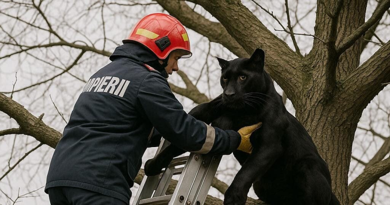 Pompierii, glume pe Facebook despre cum au salvat pantera neagră / Imagine generată cu AI, rostogolită pe rețele în timp ce MAI încearcă să combată fake-news-urile din online / Mențiunea ”pamflet”, la finalul postării