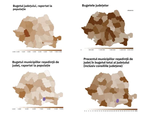 GRAFIC Clasamentul județelor cu cele mai mari bugete din România: primele 5 strâng peste 4 miliarde de euro /  Municipiile Timișoara, Constanța, Cluj-Napoca și Iași au mai mult de un sfert din totalul municipiilor reședință de județ din țară