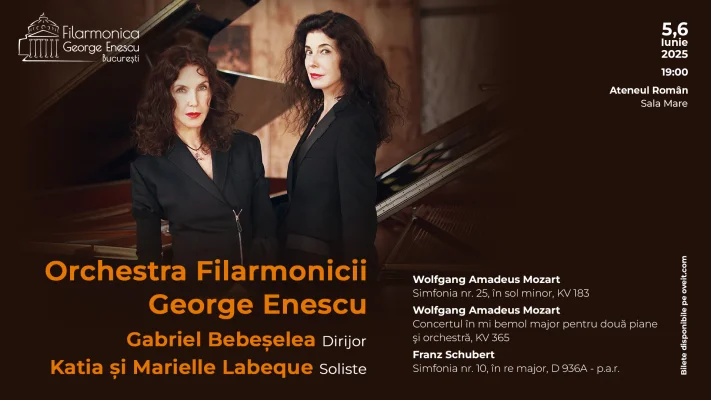 Concertul pentru două piane de Mozart în interpretarea legendarului duo Katia și Marielle Labèque, sub bagheta dirijorului Gabriel Bebeșelea, la Ateneul Român