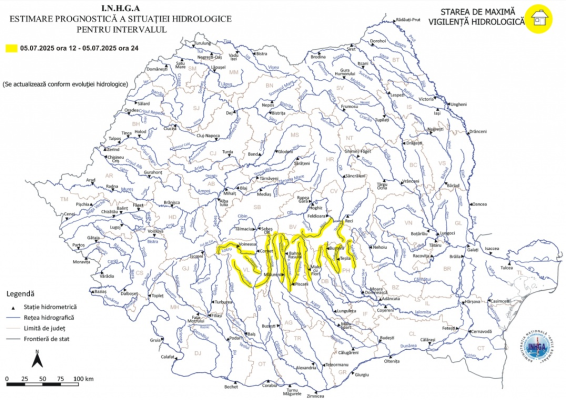 Cod galben de inundaţii pe râuri din şapte judeţe, în centrul țării, până la miezul nopţii