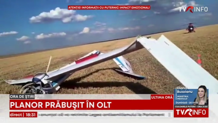 Un tânăr de 24 de ani a murit după ce s-a prăbușit cu planorul pe un câmp, în județul Olt