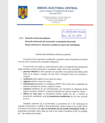 Circulară emisă sâmbătă de Biroul Electoral Central despre corectitudinea votului și a numărării buletinelor din turul doi al alegerilor prezidențiale 2025 / Instrucțiuni transmise după informațiile publicate de G4Media despre strategia de contestare în secții de votare pusă la cale de către AUR și POT