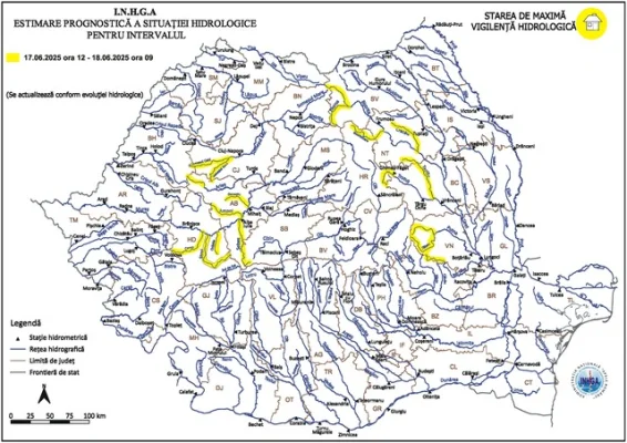 Cod Galben de viituri şi inundaţii locale în Transilvania, Moldova şi zona Carpaţilor de Curbură emis de Institutul Naţional de Hidrologie şi Gospodărire a Apelor, valabil până miercuri dimineaţă