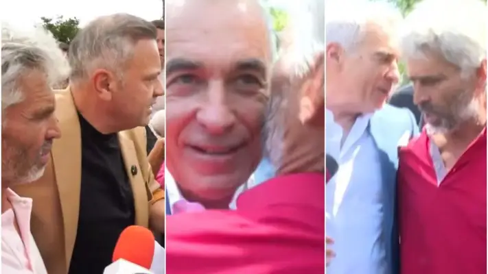 Fermierul de la Lungulețul pe care îl ținea în brațe Florin Barbu, se pupă cu Călin Georgescu. La protestul de duminică a adus cartofi