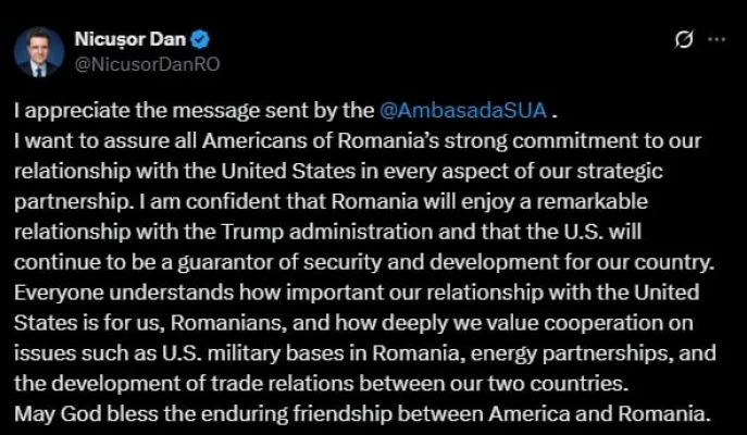 Nicușor Dan, după mesajul rece primit de la Ambasada SUA, fără felicitări: ”Sunt încrezător că România se va bucura de o relație remarcabilă cu administrația Trump / Dumnezeu să binecuvânteze prietenia durabilă dintre America și România”
