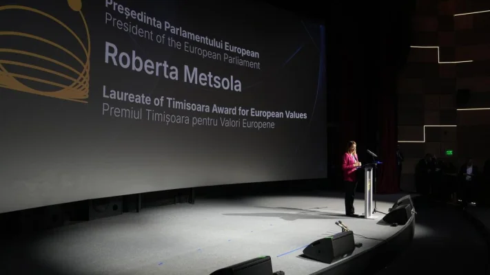 Valori europene, recunoscute la Timișoara. Metsola: Oraș al curajului și speranței