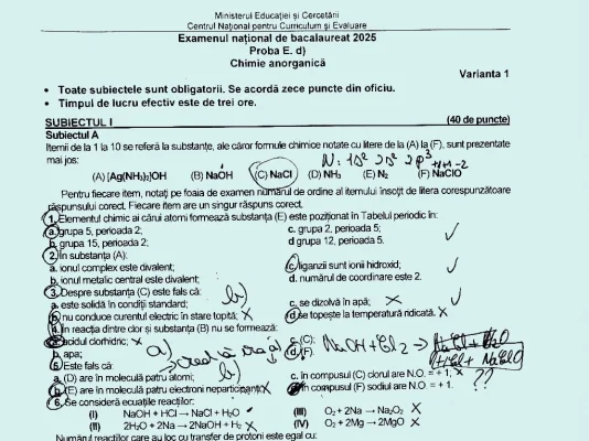 Subiecte Chimie anorganică – BAC 2025