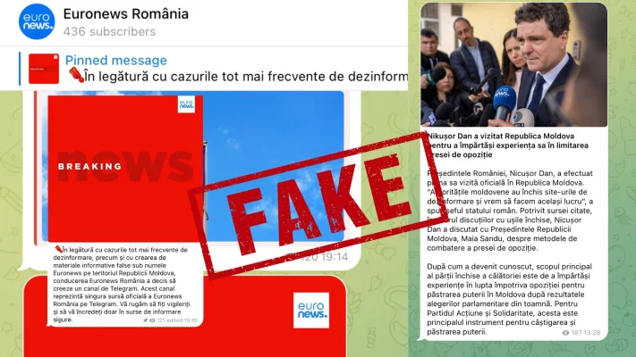 Material fals, cu sigla Euronews România, postat pe Telegram. Ținte: Maia Sandu și guvernarea PAS, din Republica Moldova