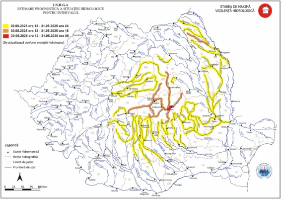 Cod roșu de viituri pe Râul Negru, judeţul Covasna, până sâmbătă dimineața
