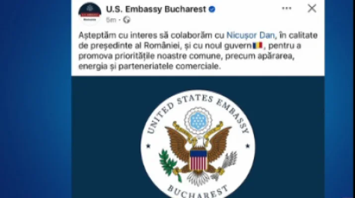 Primul mesaj al SUA după alegeri: Așteptăm cu interes să colaborăm cu noul președinte al României și cu noul guvern, transmite Ambasada