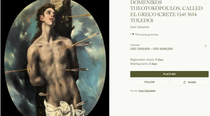 Capodopera  „Sfântul Sebastian”, pictată de El Greco, dispărută din colecţia naţională, va rămâne la casa de licitaţii Christie’s din New York până când solicitările României de recuperare vor fi soluţionate de instanţele competente, anunţă Ministerul Finanţelor
