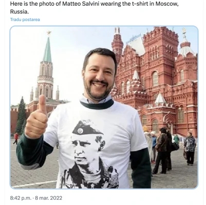 Momentul în care Matteo Salvini, aliatul lui George Simion, se fotografia în Piața Roșie din Moscova cu un tricou cu Putin