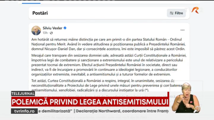 Deputatul minorităţii evreieşti Silviu Vexler returnează decorația primită din partea statului, în semn de protest